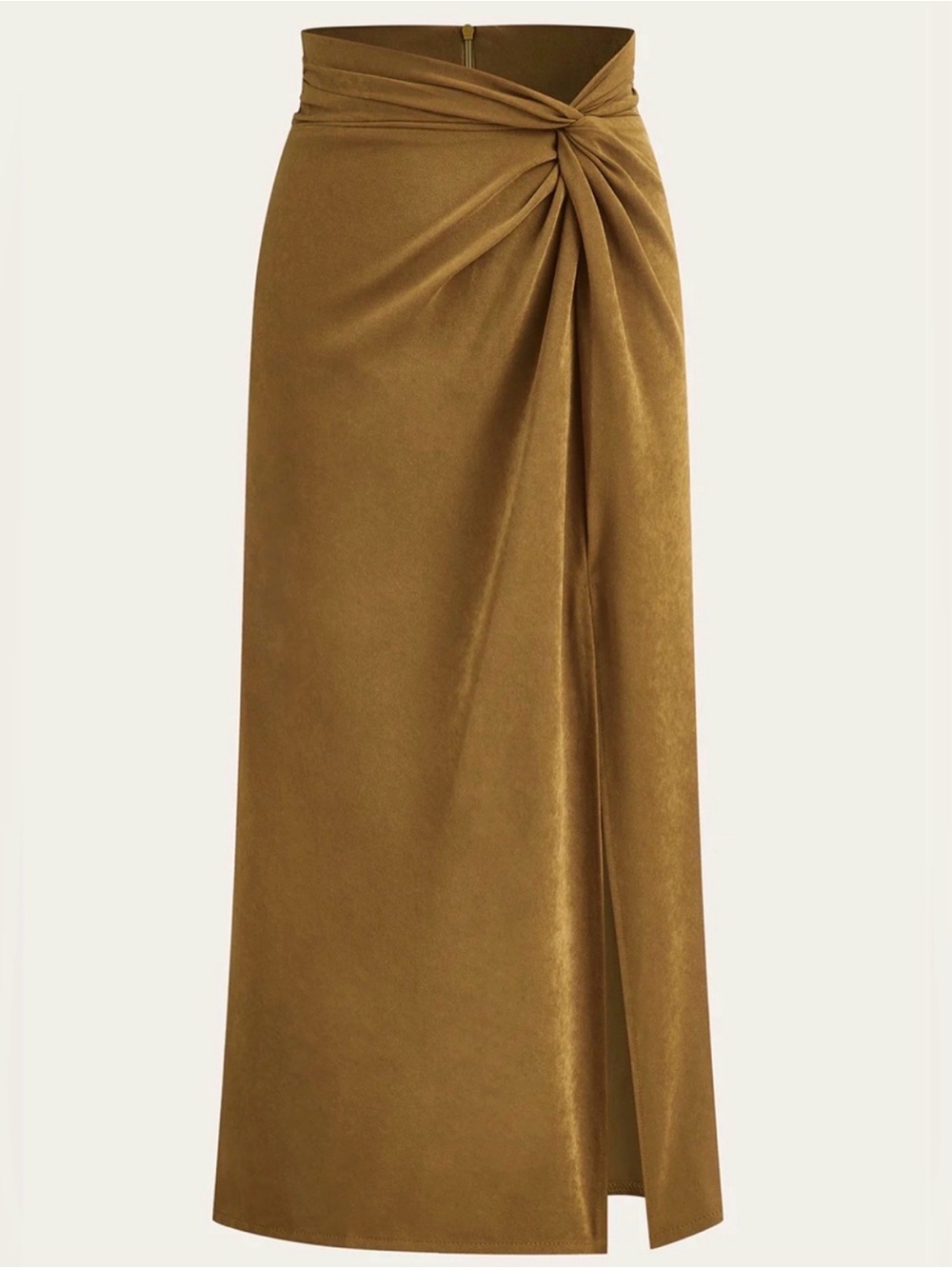 Commense Olive Brown Midi Skirt with Draped Knot Front